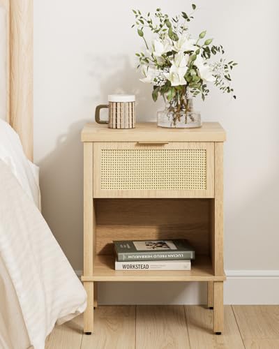 Rattan Nightstand with Drawer and Open Shelf, Boho Side Table with Gold Handle, Small Night Stand, Modern Bedside Table for Bedroom, Natural - color: Natural