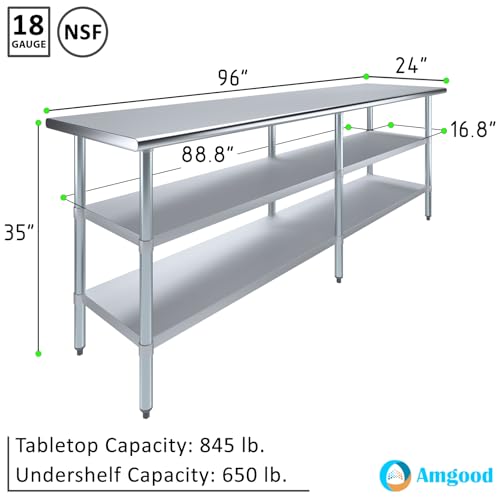 Stainless Steel Work Table with 2 Shelves | Metal Utility Table | Commercial & Residential NSF Utility (Stainless Steel Table with 2 Shelves, 96" Long x 24" Deep) - size: 96" Long x 24" Deep