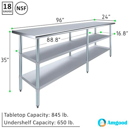 Stainless Steel Work Table with 2 Shelves | Metal Utility Table | Commercial & Residential NSF Utility (Stainless Steel Table with 2 Shelves, 96" Long x 24" Deep) - size: 96" Long x 24" Deep