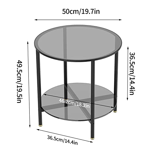Tempered Glass End Table: 2-Tier Round Nightstand 20 inch High Grey | Circle Side Table 4 Legs Home Decor for Living Room Bedroom - size: Height - 20 inch