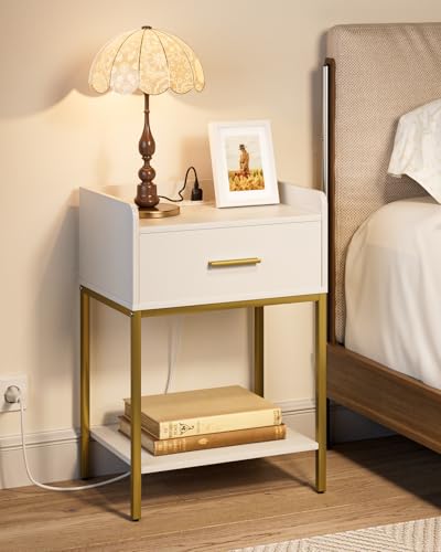 Nightstand with Charging Station,3-Tier Bedside Table for Small Space,Modern Night Stand with Storage Drawer and Shelf,Small Side Table for Bedroom,Living Room,White - color: White With Charging Station