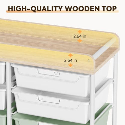 10-Drawer Rolling Cart, Art Cart with Wood Top & Side Handle, Multi-Purpose Craft Organizers and Storage with Lockable Wheels for Classroom, Dormitory, Craft Room and Art Supplies Organization(Green)
