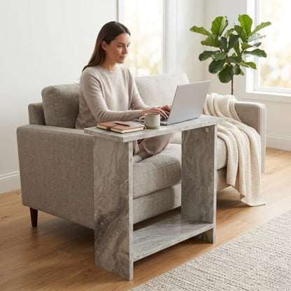 Narrow Side Table for Living Room, Slim End Table for Small Spaces Between Couch, Recliner or Armchair, 2 Tier Skinny Table with Open Shelf, Engineered Wood Sofa Beverage Thin Stand (White Marble) - color: White Marble