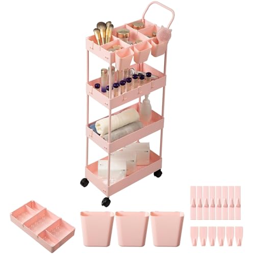 Danpinera 4-Tier Pink Slim Storage Cart, Narrow Laundry Cart with Wheels, Dividers, Hanging Cups, Hooks, Easy Assembly - style: 4 Tier Pink