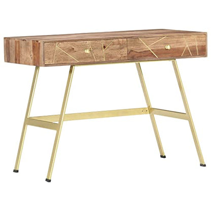 Industrial Writing Desk with 2 Drawers, Solid Acacia Wood Computer Desk for Home Office, 39.4x21.7x29.5 Inch Study Table with Sturdy Steel Legs