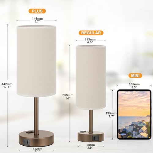 Touch Table Lamp - Beige, 3-Way Dimmable, USB A + C Charging, AC Outlet, 17.4inch Medium, Brown Metal Base - color: Beige - Brown, size: 17.4" Touch Control