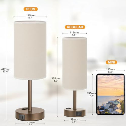 Touch Table Lamp - Beige, 3-Way Dimmable, USB A + C Charging, AC Outlet, 17.4inch Medium, Brown Metal Base - color: Beige - Brown, size: 17.4" Touch Control