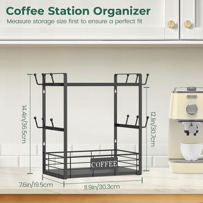 EsLuker.ly Coffee Mug Cup Holder Tree Bar Station Organizer, 2 Tier Mug Stand Rack for Countertop Kitchen, Storage Tower Display Shelf with 12 Hooks, Coffee Nook Enhancer, Black - color: Black + Black