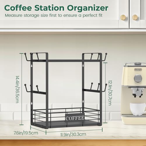 EsLuker.ly Coffee Mug Cup Holder Tree Bar Station Organizer, 2 Tier Mug Stand Rack for Countertop Kitchen, Storage Tower Display Shelf with 12 Hooks, Coffee Nook Enhancer, Black - color: Black + Black
