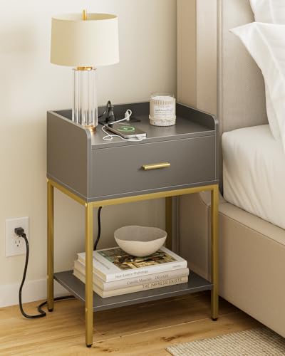 Nightstand with Charging Station,3-Tier Bedside Table for Small Space,Modern Night Stand with Storage Drawer and Shelf,Small Side Table for Bedroom,Living Room,Gray - color: Gray With Charging Station