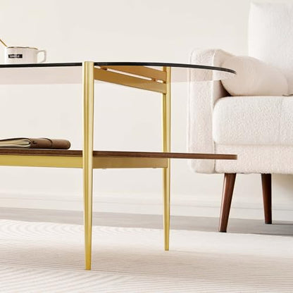 LumFurn Oval Glass Coffee Table, Mid-Century Modern Design, L41 x W21 x H17 inch, for Living Room, 2-Tier Structure, Amber Glass Top and Walnut Finish Wood Shelf, Conical Legs with Gold Finish Frame - color: Amber & Walnut, size: L41" Oval Coffee Table