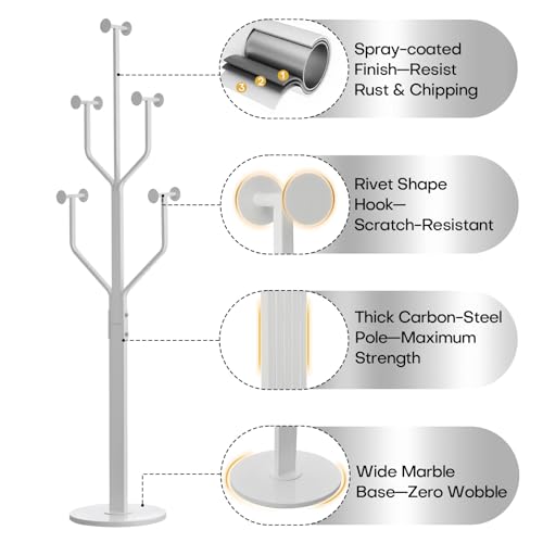 Coat Rack Freestanding Metal Coat Tree with 10 Hooks, White | Heavy Duty Standing Coat Rack, Stainless Steel Marble Base, Coat Hanger Stand for Bedroom Entryway Hallway, Hat, Bags - color: White