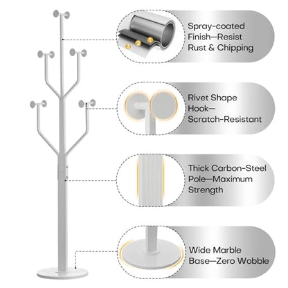 Coat Rack Freestanding Metal Coat Tree with 10 Hooks, White | Heavy Duty Standing Coat Rack, Stainless Steel Marble Base, Coat Hanger Stand for Bedroom Entryway Hallway, Hat, Bags - color: White