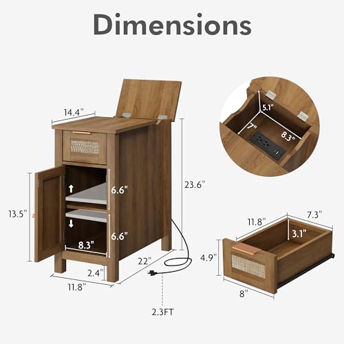 Narrow End Table with Charging Station - Midcentury Rattan Slim Side Table with USB Ports and Power Outlets, Nightstand with Flip Top and Storage Drawer, for Small Spaces Living Room Bedroom