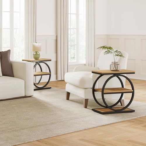 LITTLE TREE End Table Set 2, Side Table with 3-Tier Storage Shelves, Small Sofa Side Table for Living Room, Wooden Side End Table with Double Round Metal Legs, Slim Nightstand and Bedside Table, Oak - color: Oak