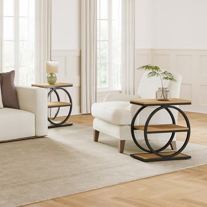 LITTLE TREE End Table Set 2, Side Table with 3-Tier Storage Shelves, Small Sofa Side Table for Living Room, Wooden Side End Table with Double Round Metal Legs, Slim Nightstand and Bedside Table, Oak - color: Oak