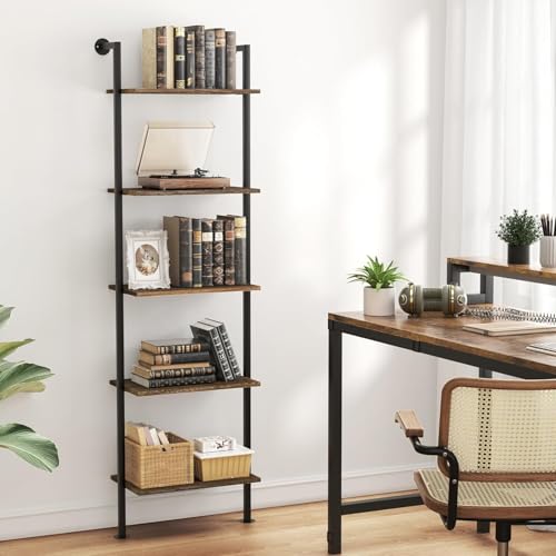 Acovy 5-Tier Bookshelf Solid Wood Ladder Shelf, Narrow Book Shelf Display Shelf, Wooden Bookcase, Wall Mount Ladder Shelf, Storage Rack for Living Room, Bedroom, Industrial Style, Dark Brown - color: Dark Brown