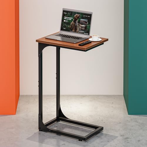 C-Shaped Side Table for Couch - Small Coffee Stand Sofa Tray Desk with Metal Frame and Waterproof Scratch Resistant, Modern End Accent for Living Room, Bedroom, Small Spaces, Rustic Walnut - color: Rustic Walnut, size: 1-Pack, style: Without Power Outlets