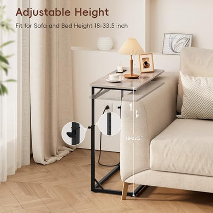 Vagusicc C Shaped End Table with Charging Station, C-Table End Table Adjustable Height Side Table for Couch, Large Couch Table, Slide Under Couch Table TV Tray Table for Sofa,Living Room,Bedroom, Grey - color: Greige, style: With Plug