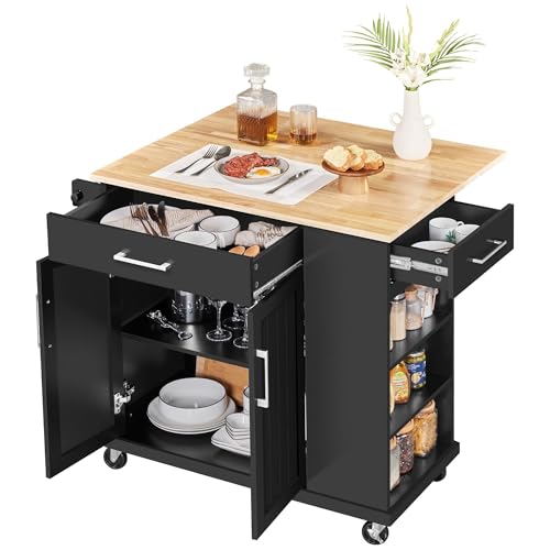 Yaheetech Rolling Kitchen Island Cart with Drop Leaf, Portable Rubberwood Breakfast Bar with Storage Cabinet, Open Shelves & Detachable Towel, 2 Drawers, Black - color: Black, size: 35.5"W