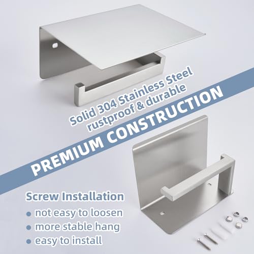 APLusee Brushed Nickel Toilet Paper Holder with Shelf, Left Side 304 Stainless Steel Tissue Roll Hanger, Wall Mounted - color: Brushed Nickel