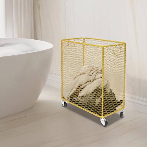Wire Metal Rolling Laundry Basket On Wheels,Gold Mesh Wire Laundry Basket Storage Cart for Bathroom Bedroom Dirty Clothes Storage (I) - size: I