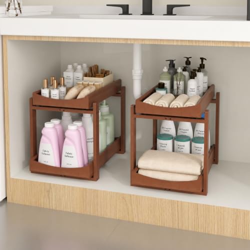 Bamboo Under Sink Organizer and Storage, 2 Pack Pull Out Cabinet Organization, 2 Tier Vertical Slide Out Undersink Storage Shelf, Multi-Purpose Organizer Shelves for Kitchen Bathroom Medicine - color: Brown, size: 2 Pack-A