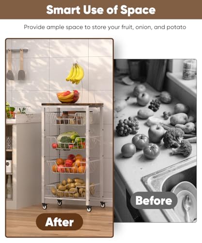 Fruit Vegetable Storage Cart for Kitchen, 5-Tier Vegetable Stand Rack with Pull-Out Fruit Baskets, Rolling Snack Cart with Wood Top & Banana Holder for Pantry, Living Room, Bathroom, White - style: White