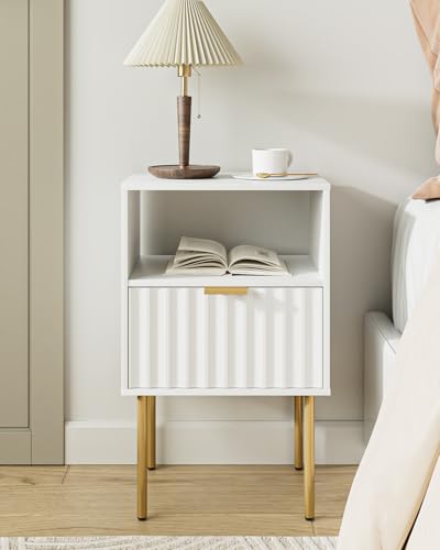 Nightstand,Modern Bedside Table with Gold Frame,White Night Stand,Bedside Furniture, Modern Side Table with Drawer and Shelf for Bedroom,Living Room (White) - color: White
