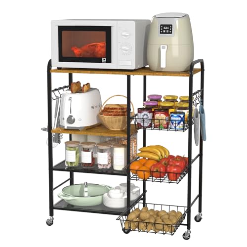 HapiRm Rolling Kitchen Microwave Cart - 4 Tier Microwave Table Stand with Pull-Out Baskets, Coffee Bar Baker's Rack with Wheels Rolling Storage Cart Organizer Shelf for Living Room Office, Balcony - color: Brown