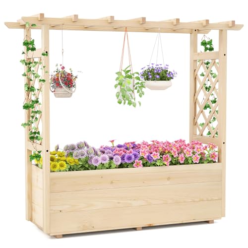 Giantex Raised Garden Bed with Sided Trellis & Hanging Roof, Wood Planter Box, Freestanding Garden Planter Raised Bed for Flowers Herbs Climbing Vines 45”x16”x41” (L x W x H) - color: Natural, size: 45”x16”x41”