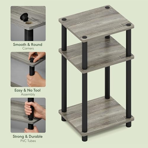 Furinno Turn-N-Tube 3-Tier Toolless Side Table, Narrow Printer Stand with Open Shelf, End Table, Night Stand, for Living Room, Bedroom, Grey Oak - color: Grey Oak/Black