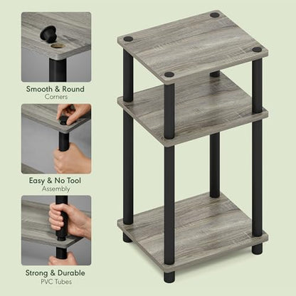 Furinno Turn-N-Tube 3-Tier Toolless Side Table, Narrow Printer Stand with Open Shelf, End Table, Night Stand, for Living Room, Bedroom, Grey Oak - color: Grey Oak/Black