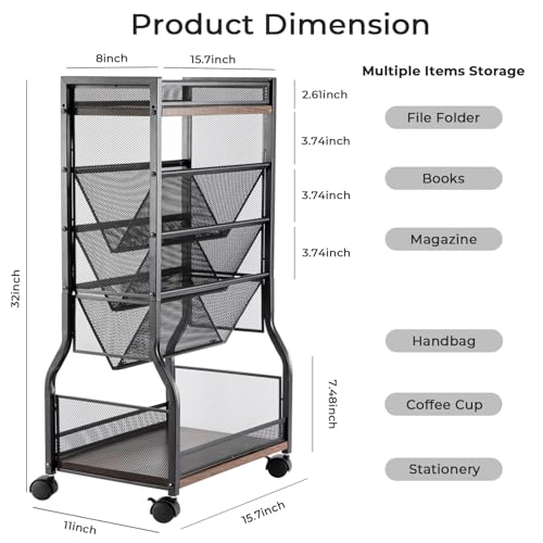 8-Tier Rolling Book Cart with Lockable Wheels, Double-Sided Storage Bookshelf for Narrow Spaces, Mobile Organizer Cart for Office, Library and Home