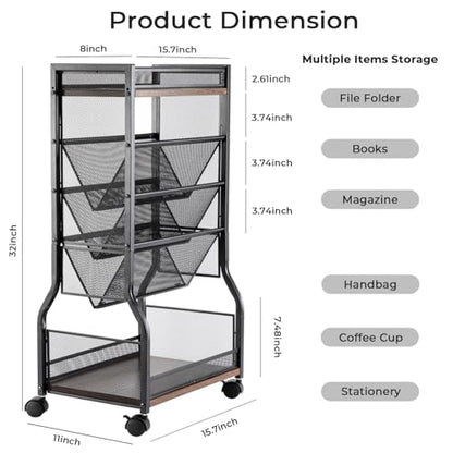8-Tier Rolling Book Cart with Lockable Wheels, Double-Sided Storage Bookshelf for Narrow Spaces, Mobile Organizer Cart for Office, Library and Home