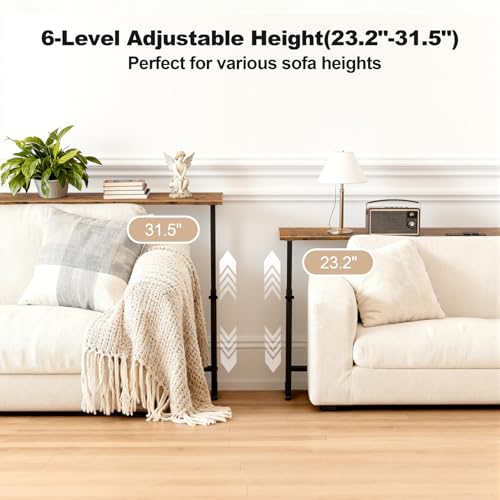 Faesun 70.9 Inch Behind Couch Table, 24"-32" Adjustable Height Range, Behind The Couch Table with Outlet, Adjustable Console Table, Narrow Long Sofa Table, for Living Room, Rustic Brown - color: Brown, size: 70.9"w x 5.9"d (C-shaped)