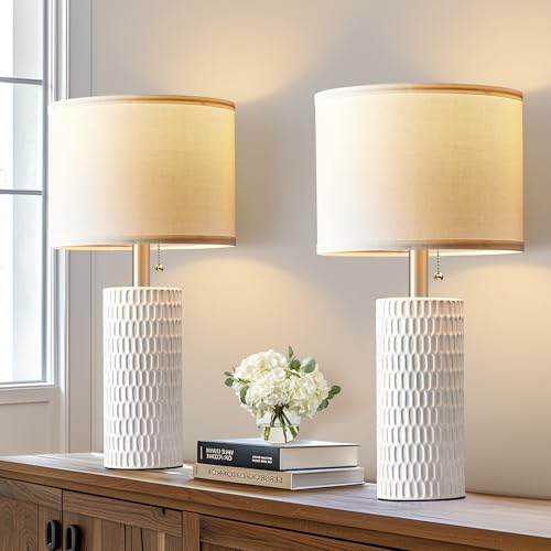 Reaketon 20" Modern Ceramic Table Lamps for Bedroom Set of 2, Small Table Lamps for Night Stands, Living Room, Home Office and Hallways, White - color: White
