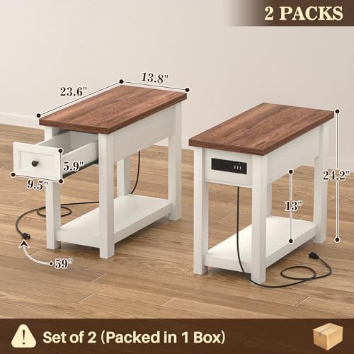 Narrow End Table Set of 2 with Charging Station - Farmhouse Side Tables with Drawer, 14" Wood Nightstands Set of 2 for Bedroom Living Room, Slim Couch Bedside Table Small Spaces, Antique White & Brown - color: Antique White & Brown, size: 2 Pack