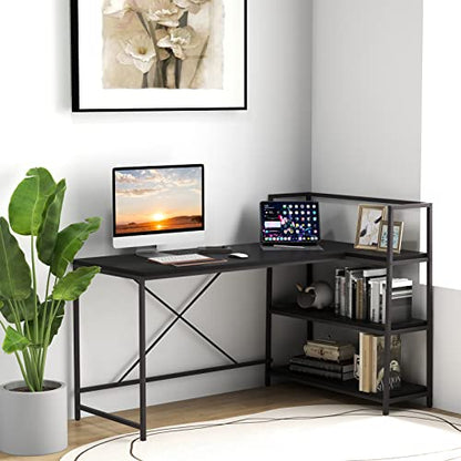COSTWAY 59 Inch L-Shaped Computer Desk, Large Reversible Corner Desk with Open Storage Shelves, Space-Saving Writing Study Table PC Laptop Gaming Desk, for Home Office (Black)