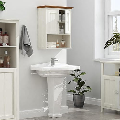 Treocho Wood Wall Cabinet, Bathroom Medicine Cabinet Storage with Doors and Adjustable Shelf, Rustic Cabinet Wall Mounted for Bathroom, Living Room, Kitchen, White & Brown - color: Farmhouse