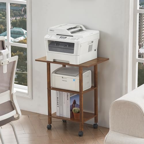YUFAM 3 Tier Home Printer Stand with Storage, Brown | Wooden Mobile Printer Table Shelf, Rolling Printer Cart Shelf with Lockable Wheels fit Fax Machine, Scanner - color: Brown, size: 15.75"D×23.65"W×25.7"H