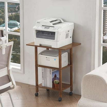 YUFAM 3 Tier Home Printer Stand with Storage, Brown | Wooden Mobile Printer Table Shelf, Rolling Printer Cart Shelf with Lockable Wheels fit Fax Machine, Scanner - color: Brown, size: 15.75"D×23.65"W×25.7"H