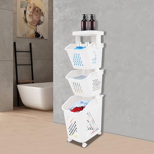 3 Tier Laundry Basket Holder, Utility Laundry Basket with Wheels Clothes Storage Organizer Cart Removable Rolling Laundry Hampers for Bathrooms Bedrooms Kitchen - size: 3-Tier