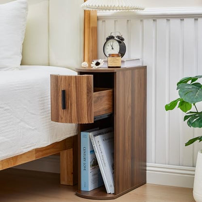 Janmer Home Fluted Narrow Nightstand for Bedroom, Curved Slim Storage End Table with Drawer, Side Table, Wooden Bedside Cabinet for Small Spaces, Walnut - color: Walnut
