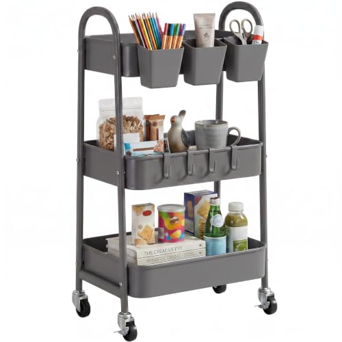 3-Tier Rolling Cart, Metal Rolling Storage Cart with Lockable Wheels & Hanging Cups & Hooks, Mobile Trolley Cart for Kitchen, Bathroom, Office, Workshop, Gray - color: Grey, size: 3 tier