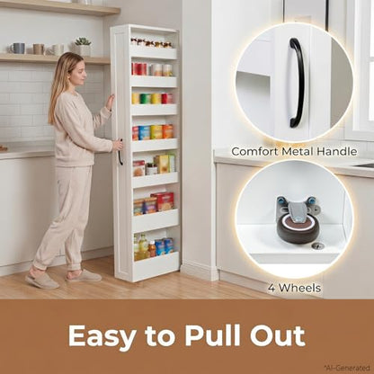 7-Tier Slim Mobile Shelving Cart with Wheels, Rolling Pantry with 7 Baskets, Narrow Pull-Out Utility Cart, Space Saving Storage Organizer Carts for Kitchen Living Room Bathroom Narrow Spaces, White - size: White & 7.87"D x 15.75"W x 70.75"H