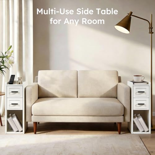 Narrow Nightstand Set of 2, Modern White Bedside Table with Drawers & Open Shelf, Modern End Table for Bedroom Small Spaces, Apartments, Renters - color: Narrow White
