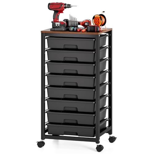 SYKIARIOL Rolling Storage Cart with Drawers,Utility Cart With 8 Drawers and Wooden Tabletop,Rolling Drawer Cart,Storage Drawer Cart for Living Room,Classroom,Bedroom,Bathroom,Dorm,Office, Black - color: Black