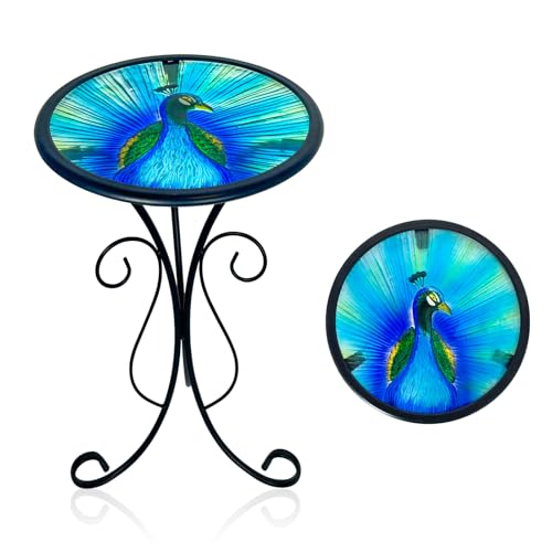 LIFFY Outdoor Side Table, 12" Glass Peacock Tabletop Patio Tables with Metal Frame, 21" Height Indoor Small Round Home Decorative Plant Stand Outside for Garden Patio Yard Porch - color: Peacock-12 Inches