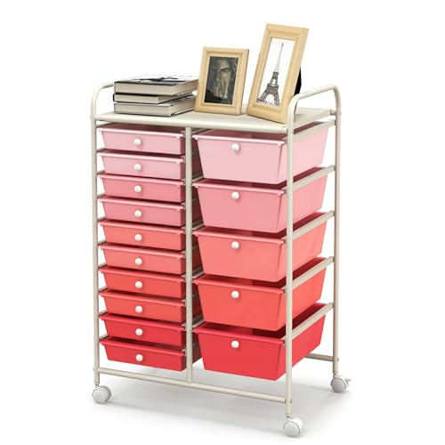 Moccha 15-Drawer Rolling Storage Cart - Under Desk Storage Drawers with wheels for Craft Art Supply Paper Salon, Scrapbook Paper Tools, Mobile Utility Cart for Classroom (15 Drawers, Gradient Pink) - color: Gradient Pink, style: 15 Drawers